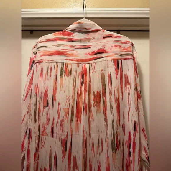 DKNY Women’s Sheer Abstract Chiffon Red and White Patterned Shirt Size L - Picture 4 of 9